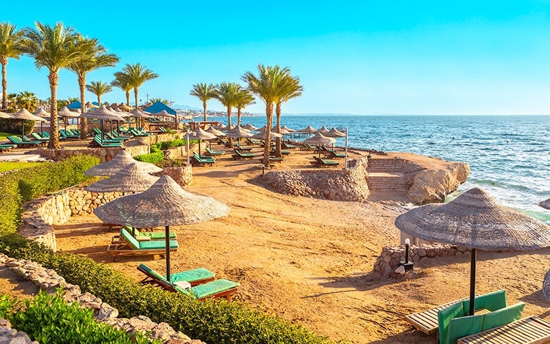Het strand van Sharm el Sheikh heeft een mooie uitstraling door de palmbomen