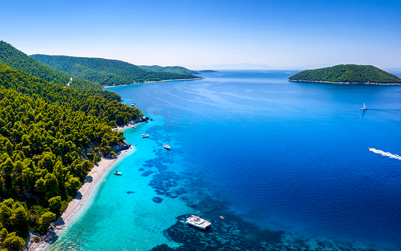 Het kleurencontrast van de groene natuur en de blauwe zee op Grieks eiland Skopelos