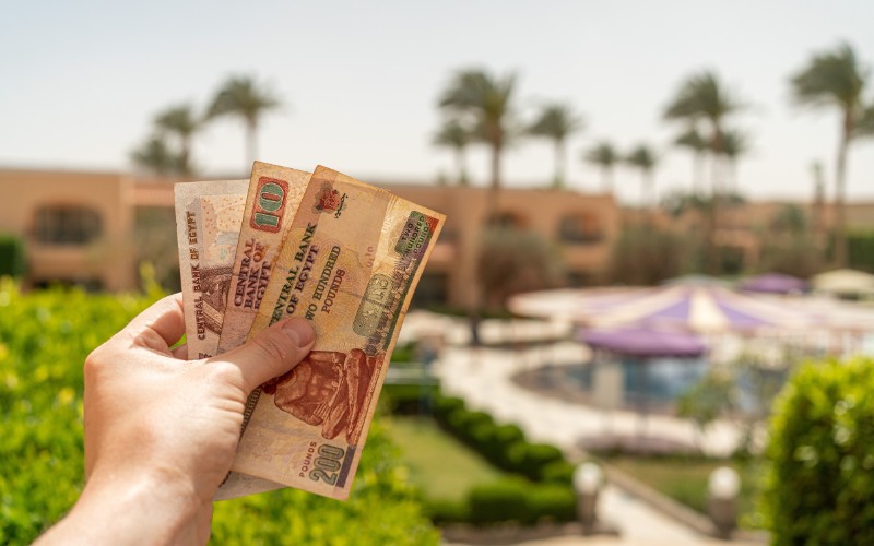 hand die enkele Egyptische bankbiljetten vasthoudt